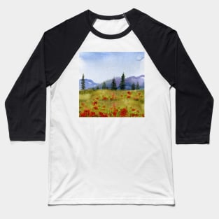 Watercolor Painting Wildflower Meadow Mountains Baseball T-Shirt